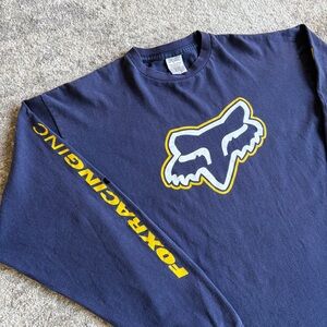 Vintage 90s Y2K Fox Racing Long Sleeve Navy & Yellow Sleeve Spell Out USA Made